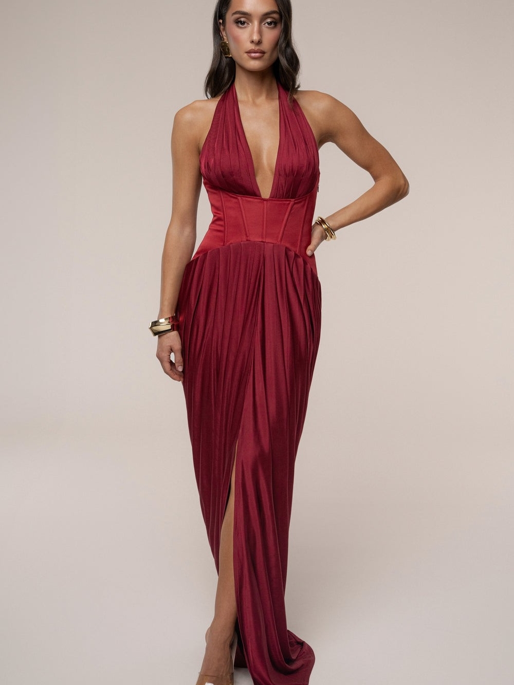 JLUXLABEL Burgundy Drape And Destiny Maxi Dress